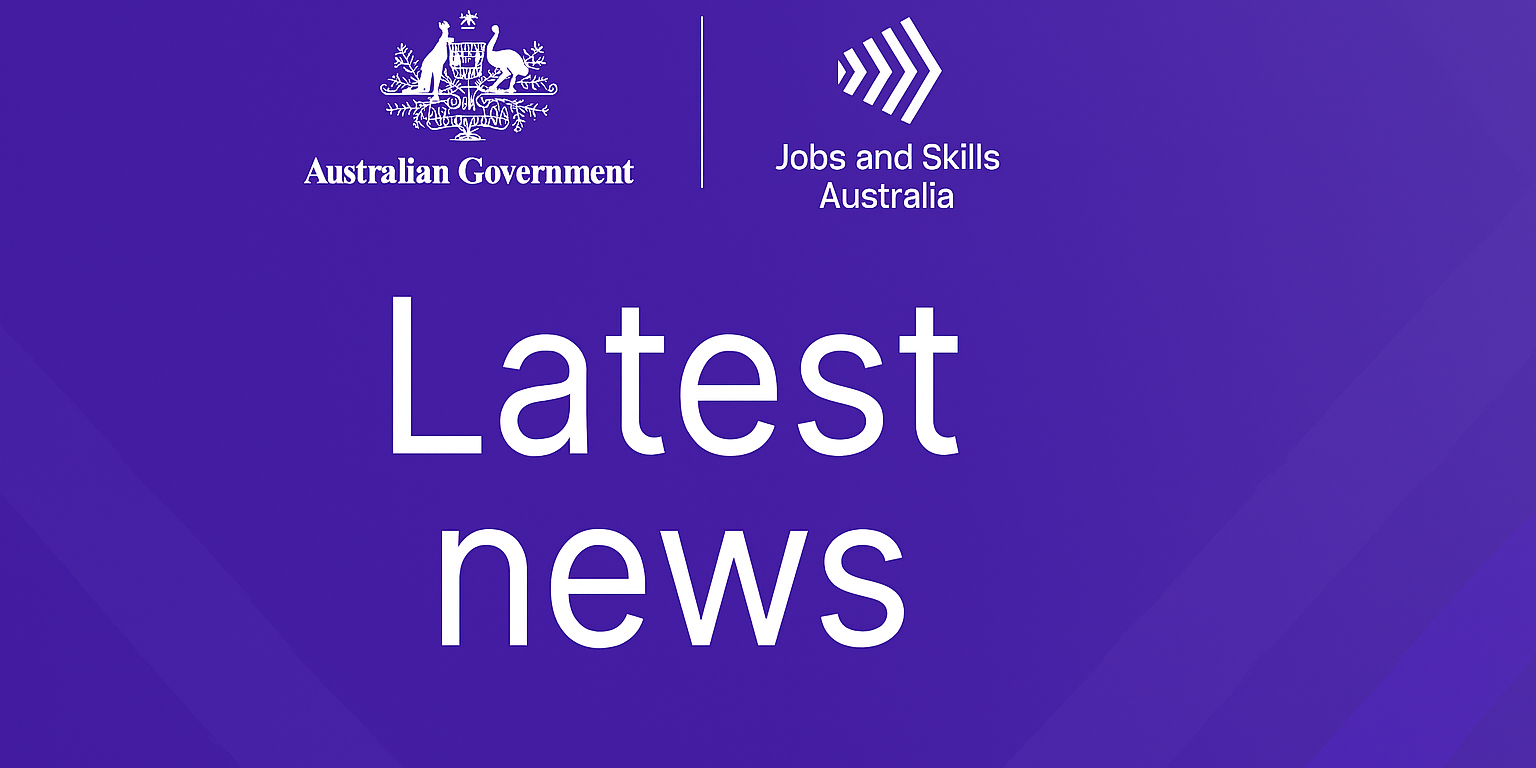 Purple gradient banner with the Australian Government crest and Jobs and Skills Australia logos, and the large text 'Latest news'.