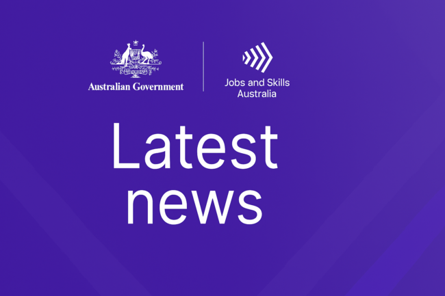 Purple gradient banner with the Australian Government crest and Jobs and Skills Australia logos, and the large text 'Latest news'.